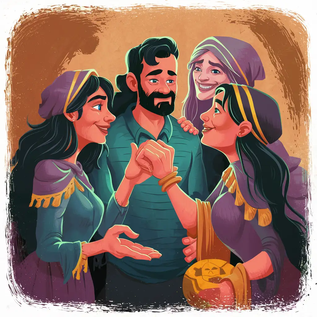 Три цыганки окружили человека стоят вокруг одна гадает на его руке вторая разговариавает с ним третья улыбается человек стоит векторное изображение