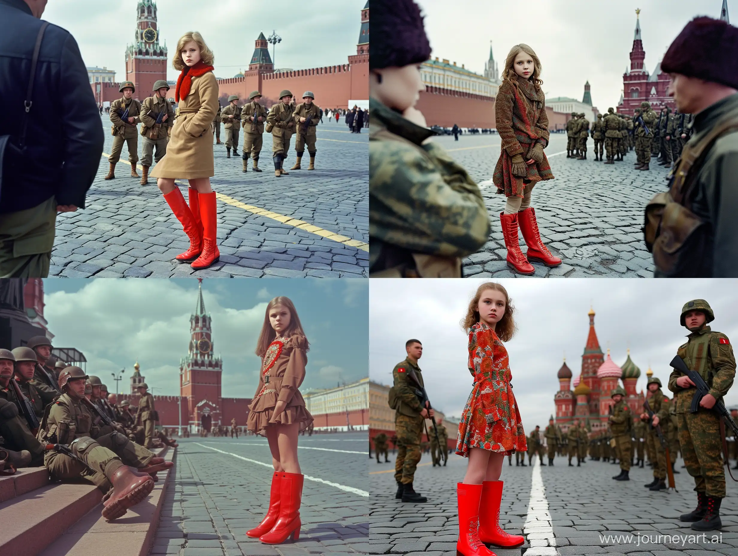 12-летняя девочка позирует на красной площади в красных сапожках. на нее смотрят солдаты
