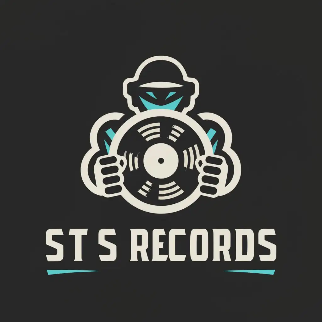 a logo design,with the text "STS RECORDS", main symbol:Vinyl Record with a robot,Moderate,be used in Entertainment industry,clear background