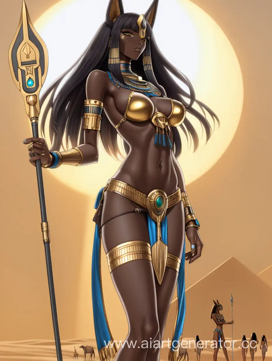 beaty anime girl with long hair black skin gold beautiful woman, ((, sun in the sky , FULL LENGTH PICTURE, full body visible, EGYPTIAN 1WOMAN, , skinny, perfect body, perfect breasts, (detailed face:1.3), TAN SKIN, anubis cyberpunk mechanical body parts spear in hand
