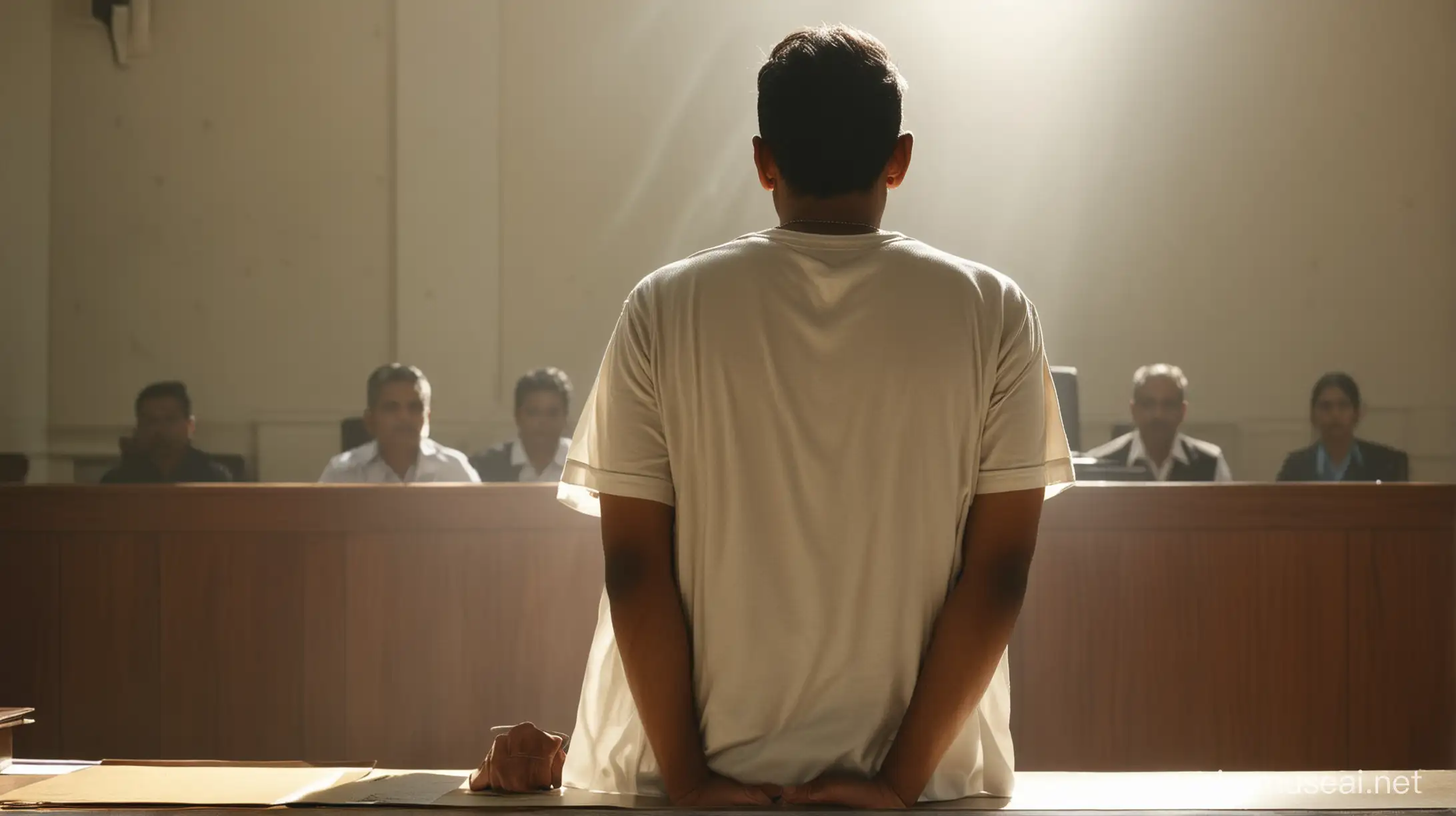 Indian man wearing t shirt standing in witness box in front of one judge, shot from behind, detailed, backlight
