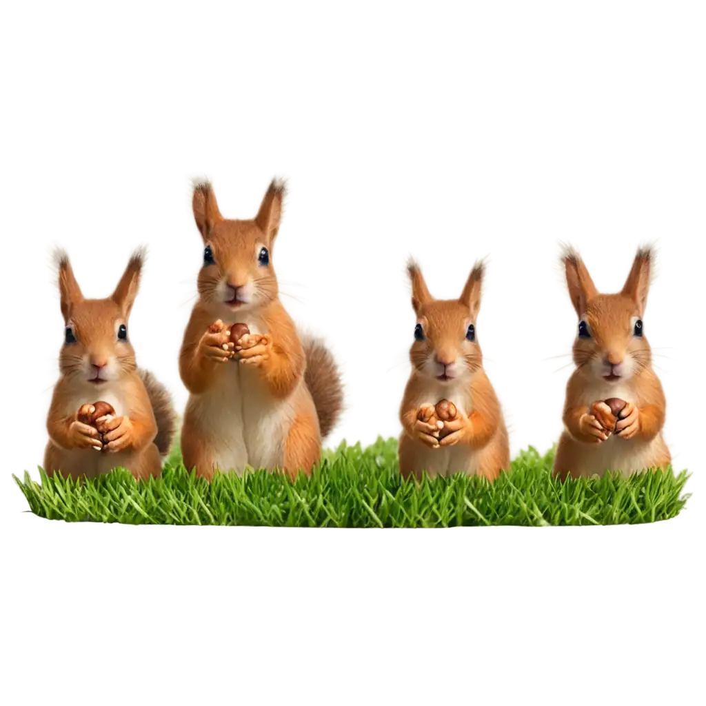 a group of funny squirals with nuts and green grass