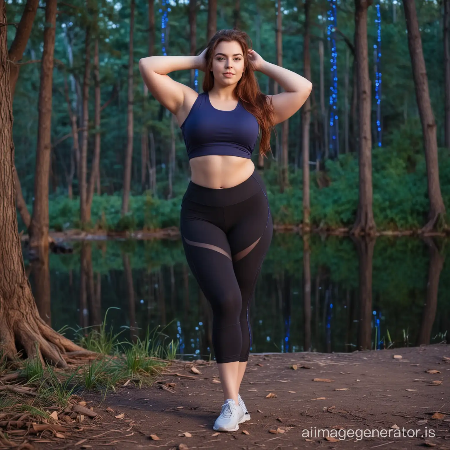 Twenty years old auburn curvy girl stretching in cropped 3/4 leggings and top outdoor magical blue purple lights marvellous forest lake scene