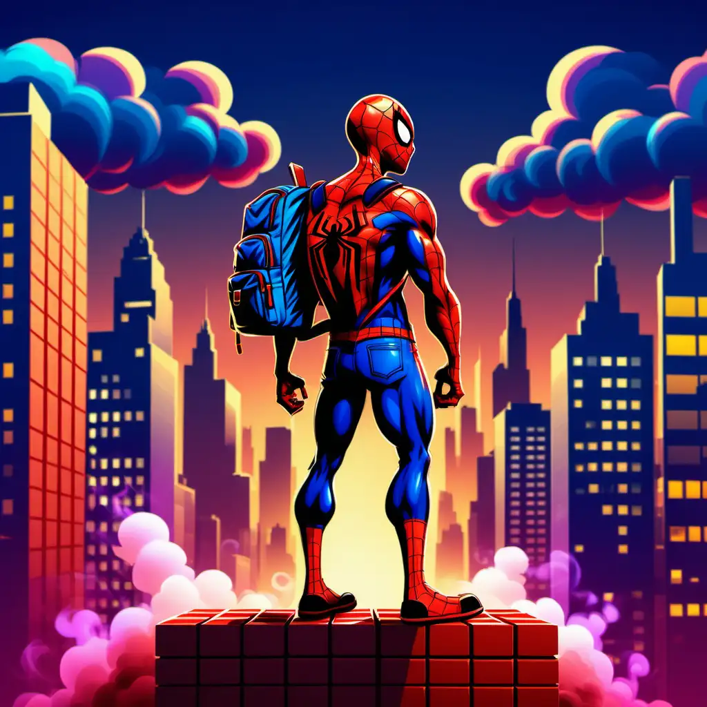 cartoon spiderman with red and blue smoke standing on colorful blocks city lights and big buildings in the background spiderman has a backpack on with pencils and books sticking out, tshirt vector design, high resolution