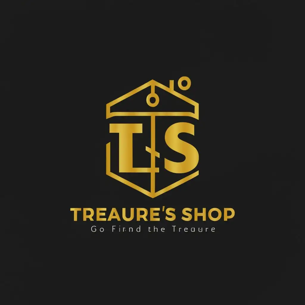 a logo design, with the text "Treasure's shop", main symbol: ts, Minimalistic, background color black and text color pure golden and in the tag line write Go find the Treasure