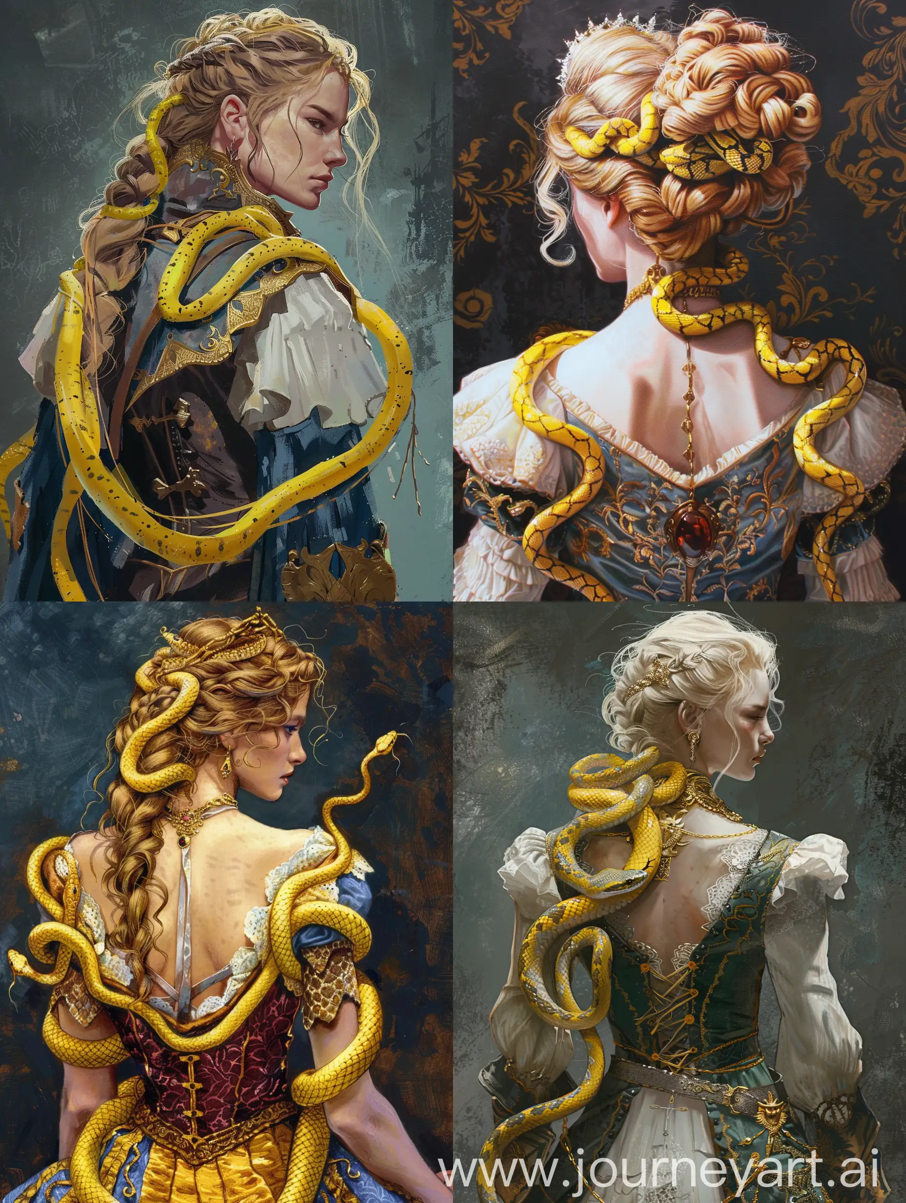 fantasy art, medusa, noble clothes, yellow snakes, back hair