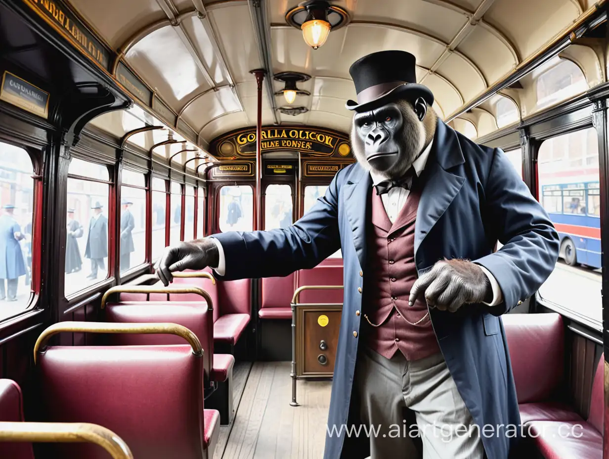 Gorilla bus conductor taking fares inside the lower deck of a double decker, steam-punk style, victorian london time period, observe dress code of the victorian people