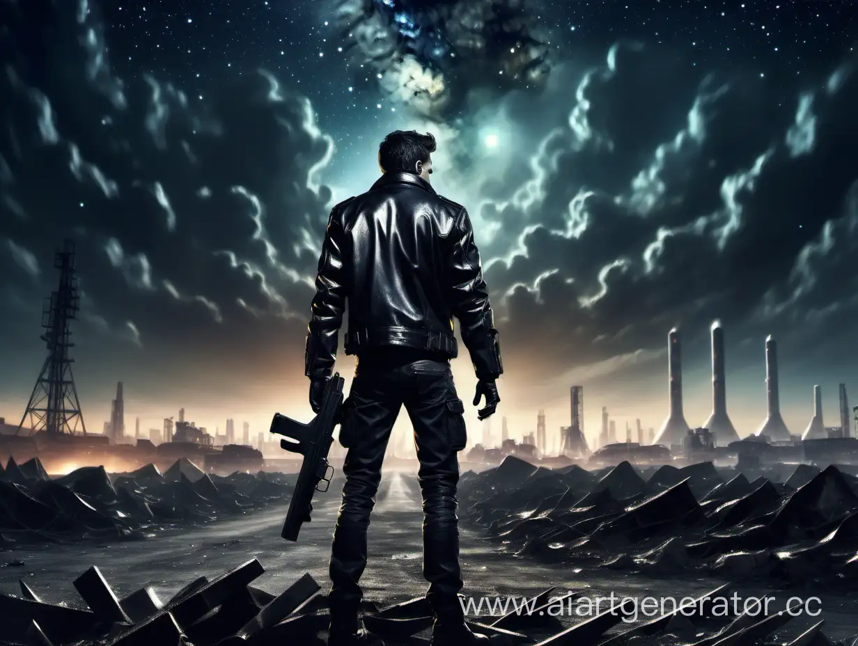 Одинокий человек, в чёрной кожаной куртке, смотрит на ядерные пустоши на фоне яркого звёздного неба. Его руки покрыты едва светящиеся металлом а в его правой руке дробовик. Дальняя перспектива. 