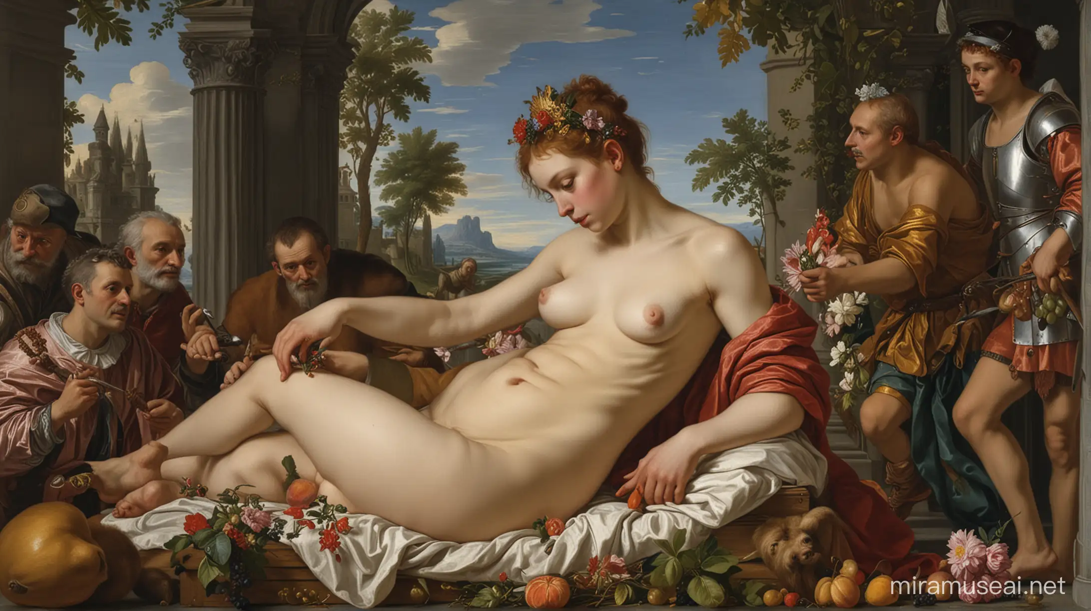 Old Masters Painting Geopolitical Robot Birth with Figures and Symbolism