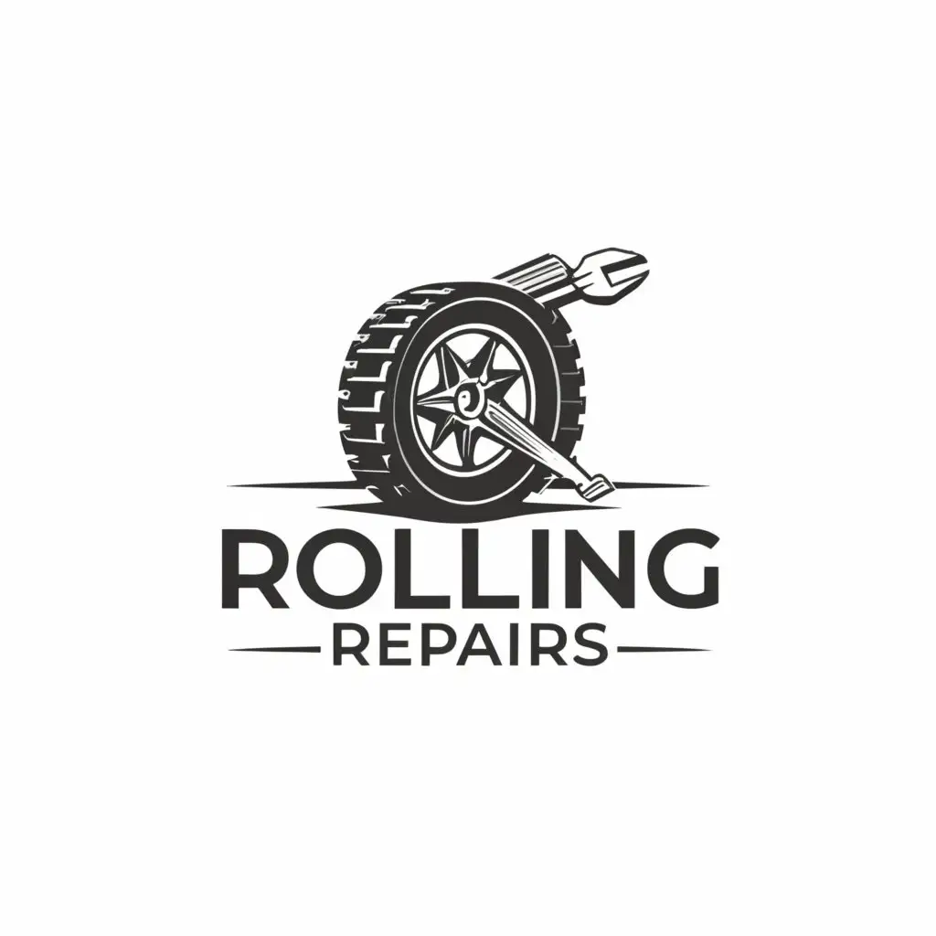 a logo design,with the text "rolling repairs", main symbol:tire and wrench,Moderate,clear background