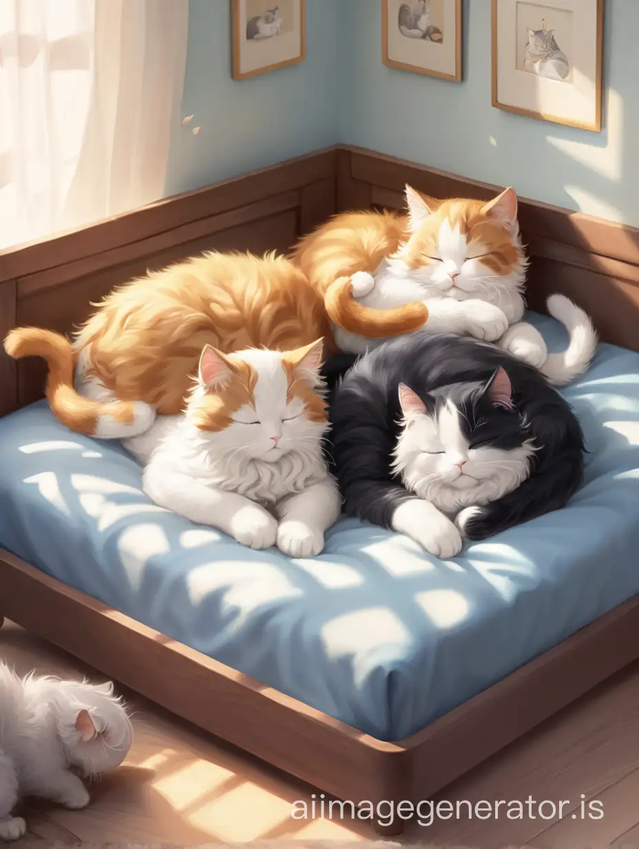 Three kitties are sleeping in one bed