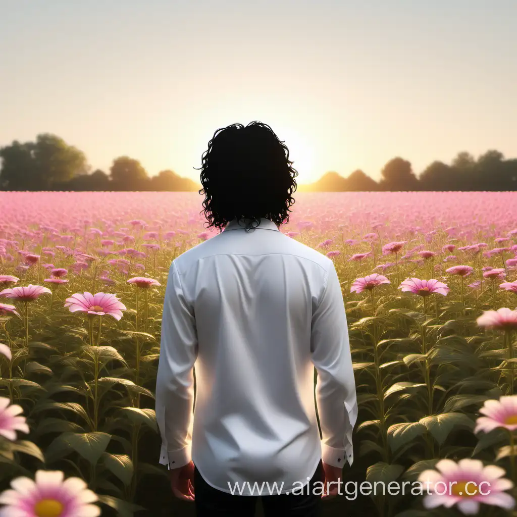 Generate a detailed and realistic image of a peaceful flower field, viewed from behind. The flower field should contain pink, white, and yellow flowers. A figure of Michael Jackson should be included, dressed in a white shirt in the middle of the image. The style of the image should be cinematic. The mood of the image should be upbeat and evocative of the golden hour, with soft lighting.