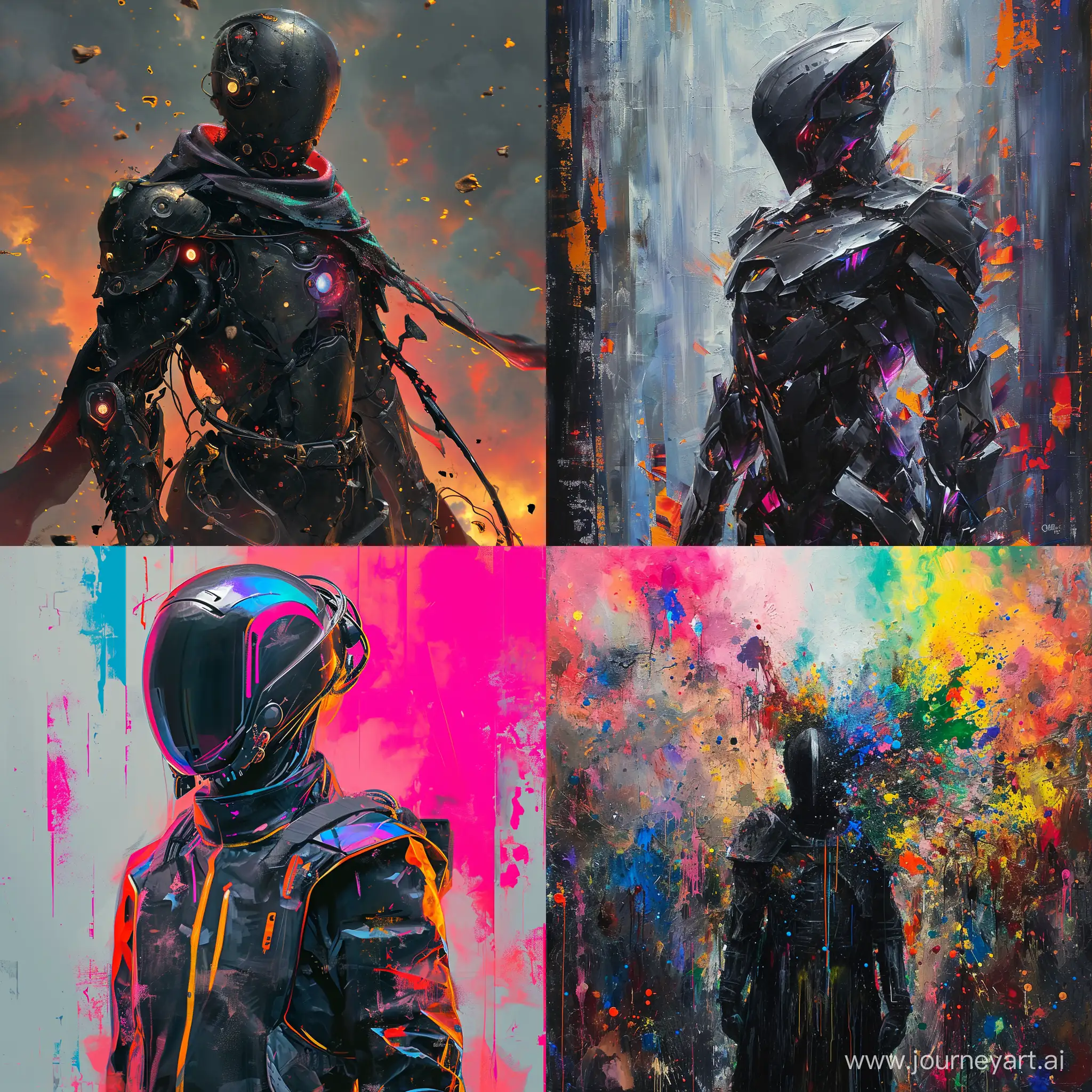 Full length portrait, a cybernetic black knight in unusual fantasy armor, in cyberpunk style, ::1.1, on the background explosion of colors