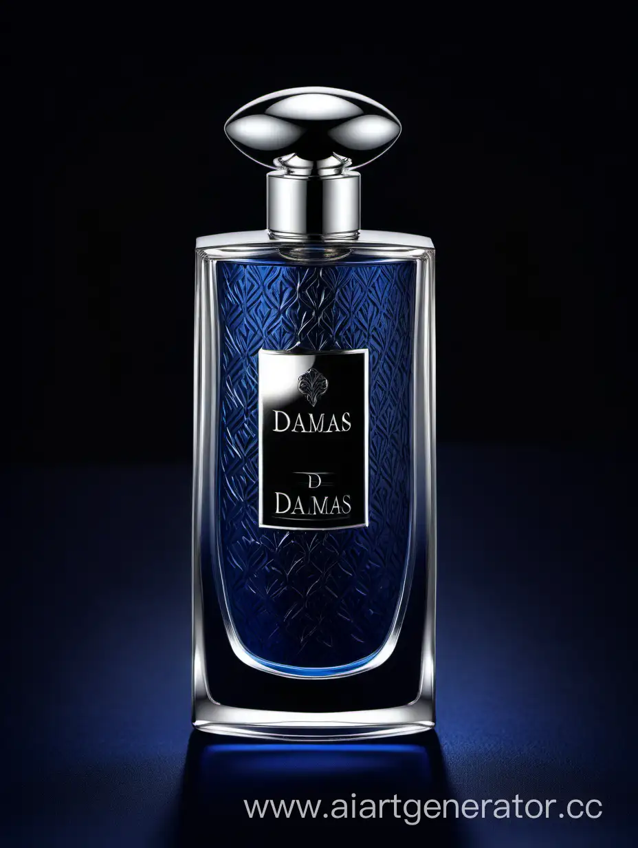 A luxurious (((silver and dark matt blue perfume))), textured crafted with intricate 3D details reflecting light around a ((black background)), with a elegant ((Damas text logo))