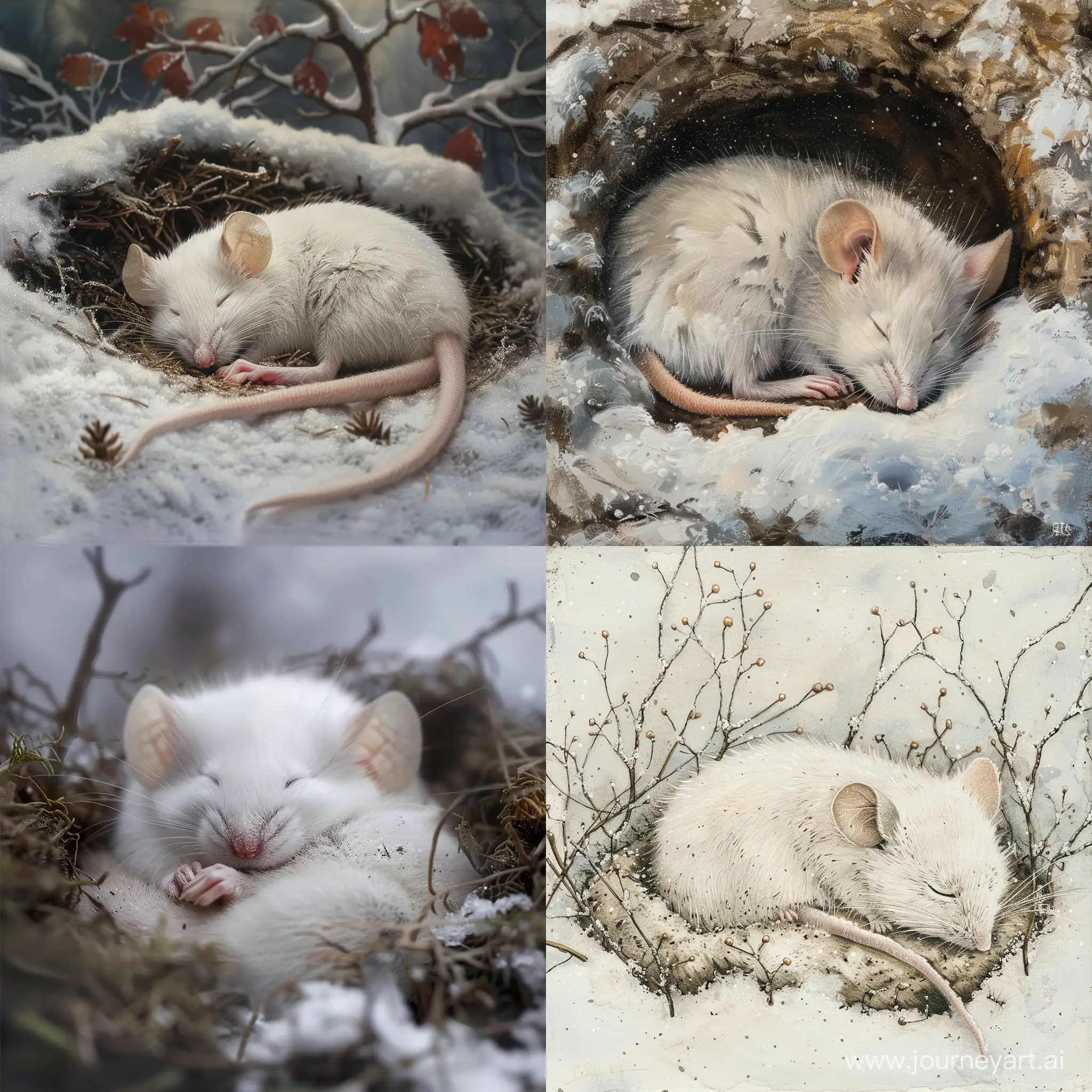 Белая мышка спит в норке зимой