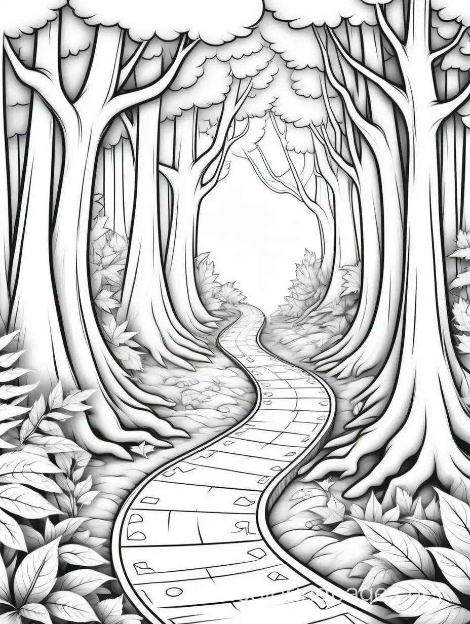 A road in an enchanted forest, Coloring Page, black and white, line art, white background, Simplicity, Ample White Space. The background of the coloring page is plain white to make it easy for young children to color within the lines. The outlines of all the subjects are easy to distinguish, making it simple for kids to color without too much difficulty