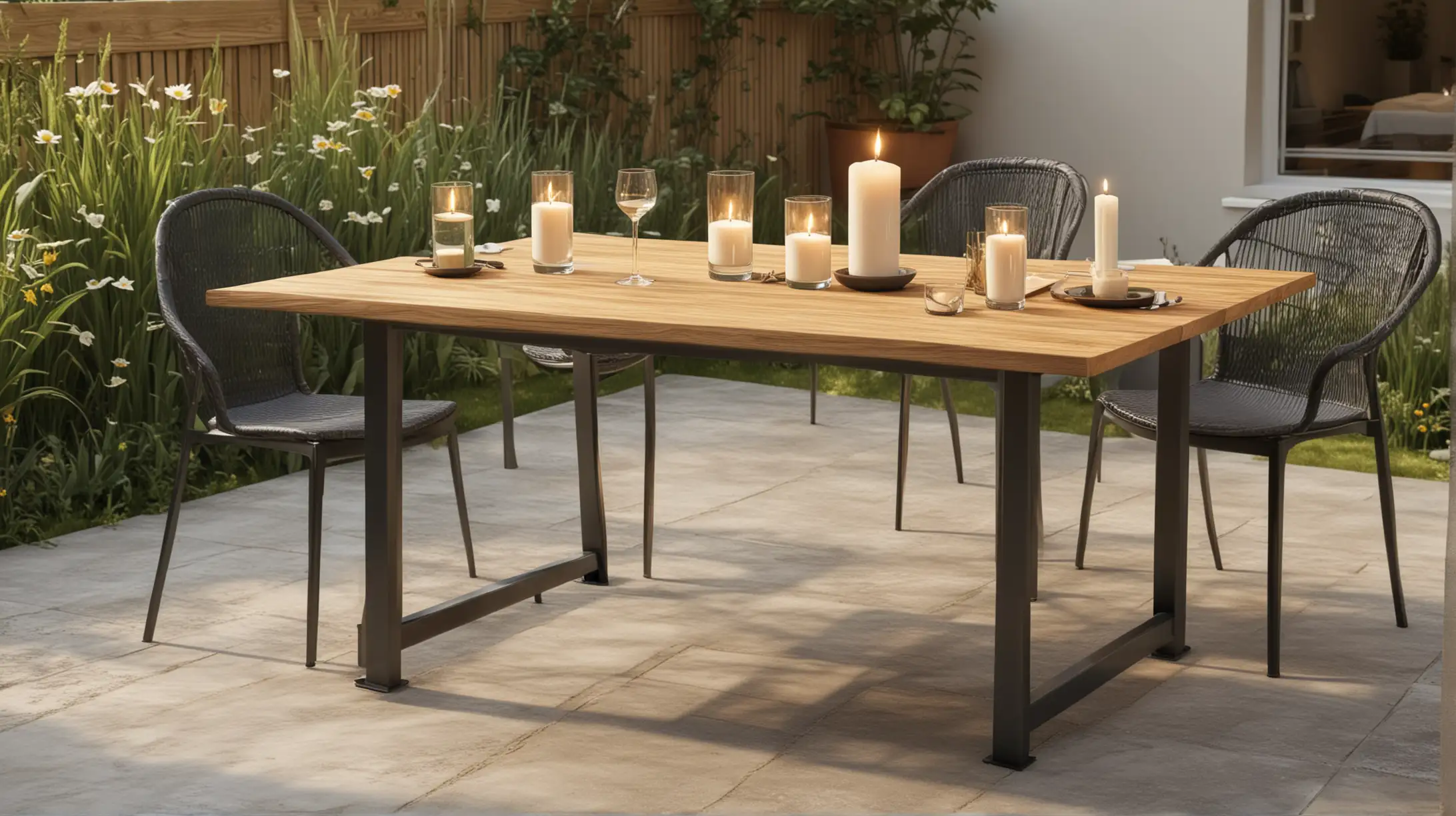 create a realistic image showing a contemporary garden patio with a modern outdoor table with a candle burning on the table on a summers day






