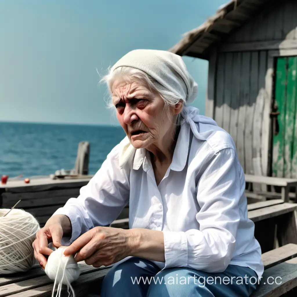 Elderly-Woman-Knitting-by-the-Seaside-Hut