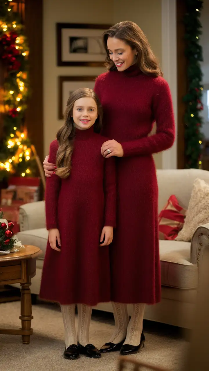 hallmark movie scene. a mother and a 12-year-old girl modeling a very soft, very fuzzy, furry mohair turtleneck dress in red. long length, modest, warm dress. knitted cables white stockings, black dress shoes. the girl has very long hair. living room, christmas, 1990s, high resolution, high quality