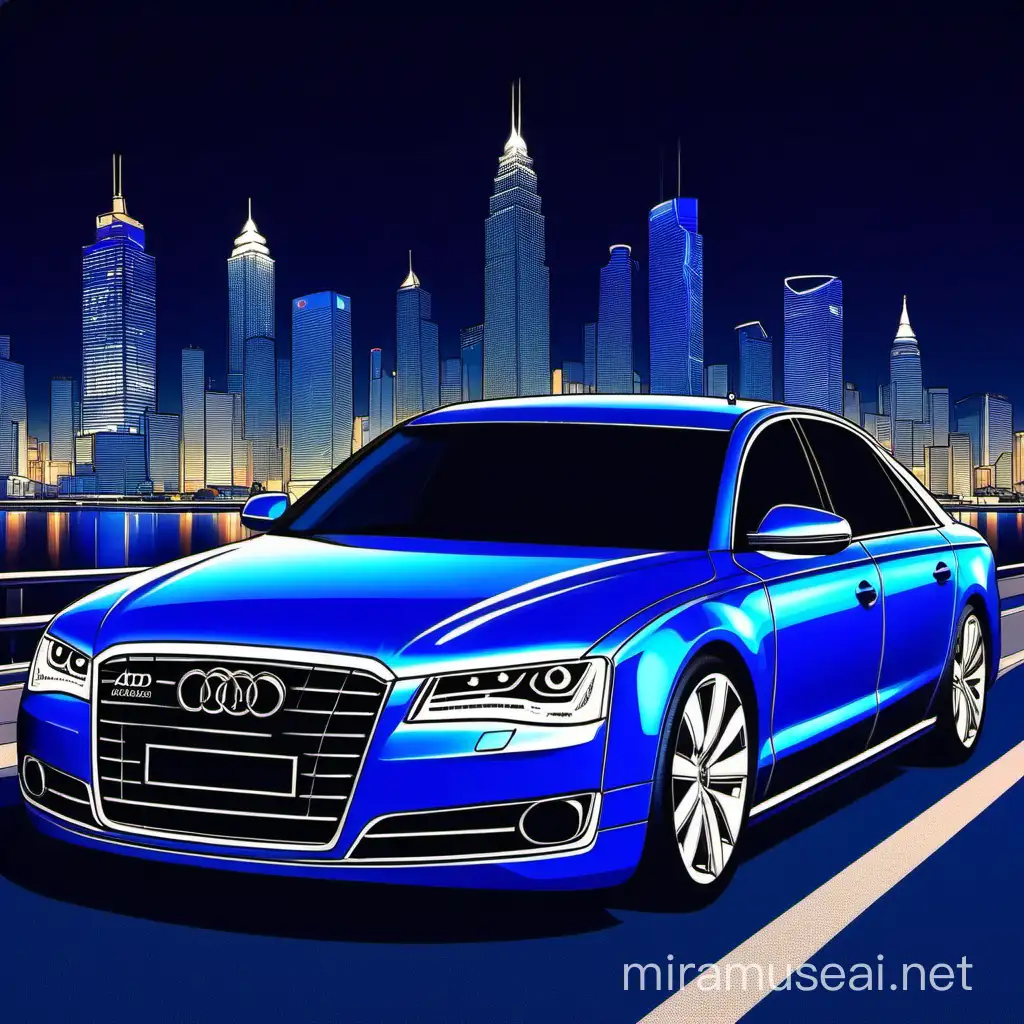 Blue Cartoon Audi A8L Driving Through Night Cityscape
