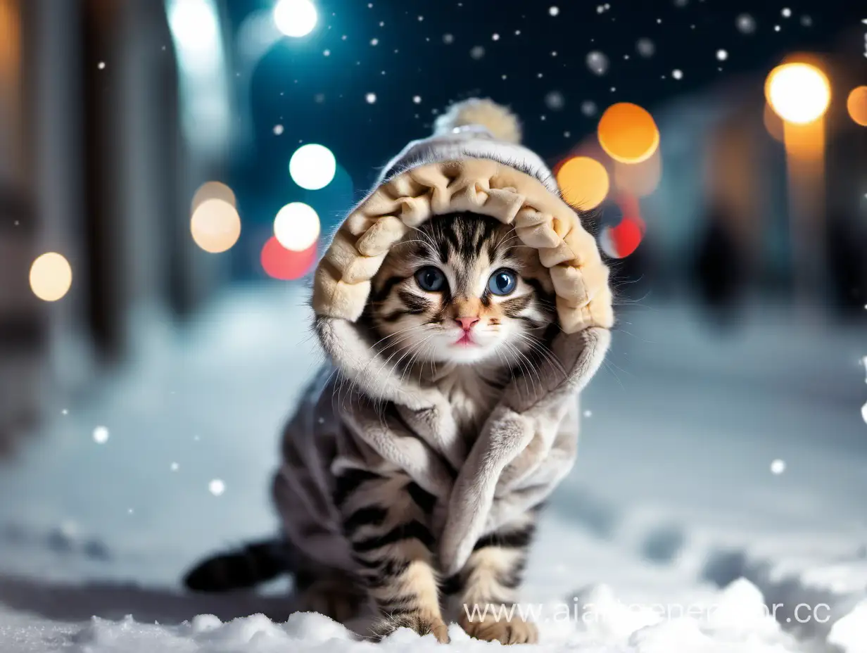 Котик в шубе и в теплой шапке на  ночной зимней улице