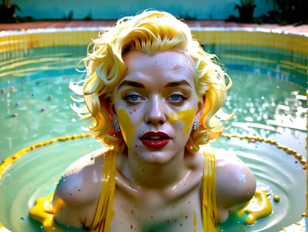 Create Marilyn Monroe that have blue eyes, white eye brows, pale skin, she is covered in yellow paint and is standing in an empty swimming pool. Style is David Hockney. default --v 6