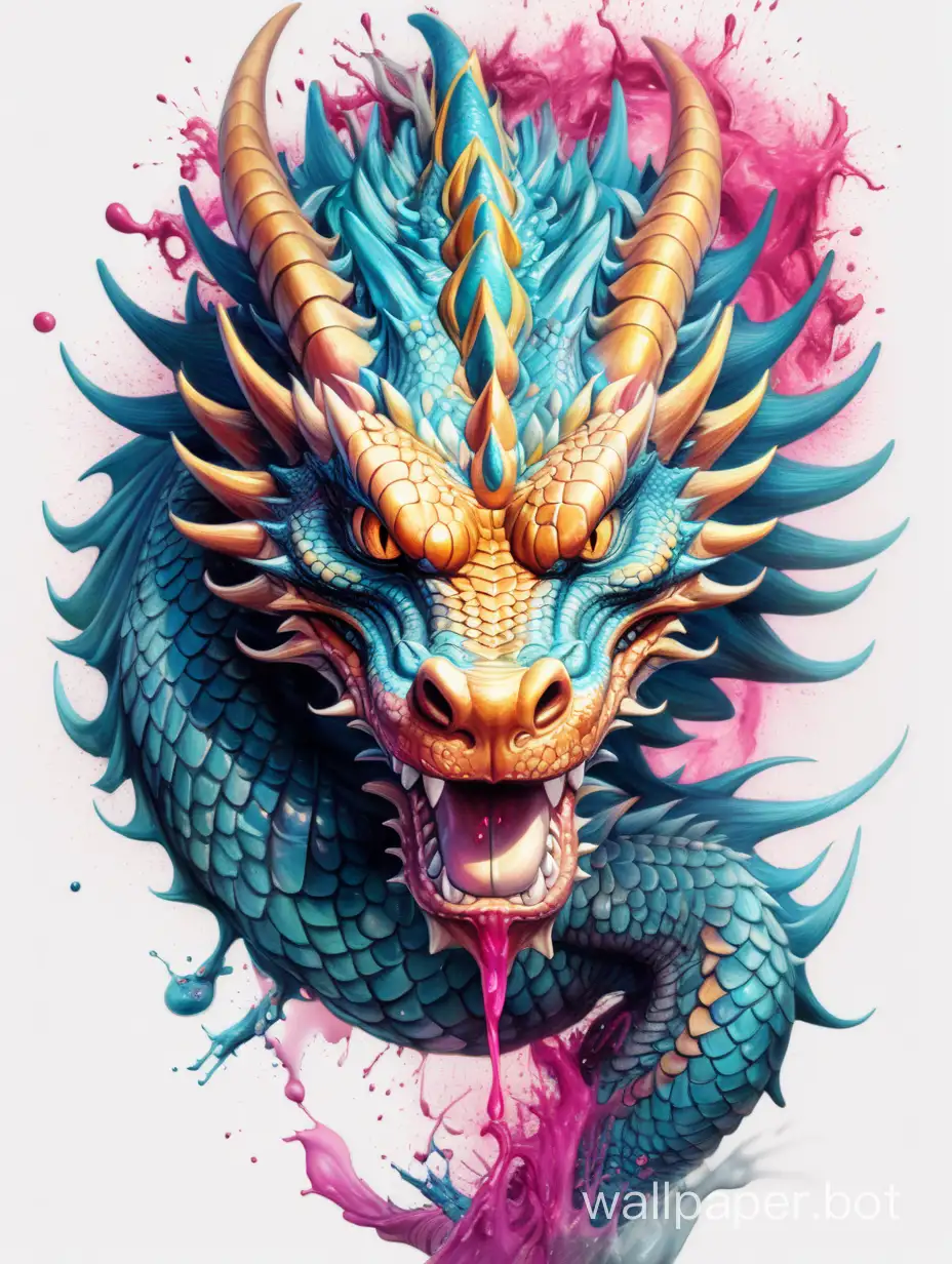 ethereal Bohemian front head of dragon, explosive dripping ink, explosive painting, cmyk, ornate, detailed illustration, octane render, sticker style