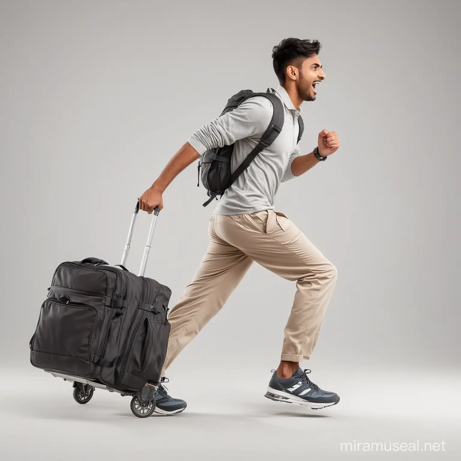 Modern Indian young man excited running side view with 
travel trolley bag white background high resolution realistic 
Photo
