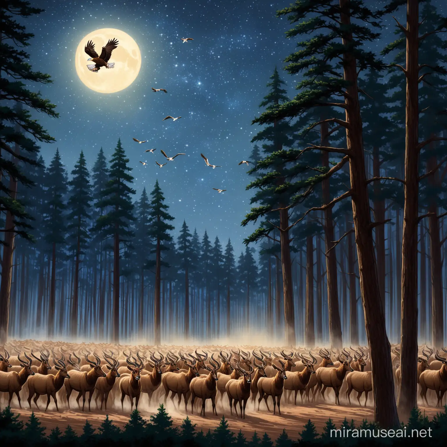 нарисуй как много орлов и соколов выгоняют много антилоп из леса сделай более реалистичным, и чтобы была ночь и много деревьев 