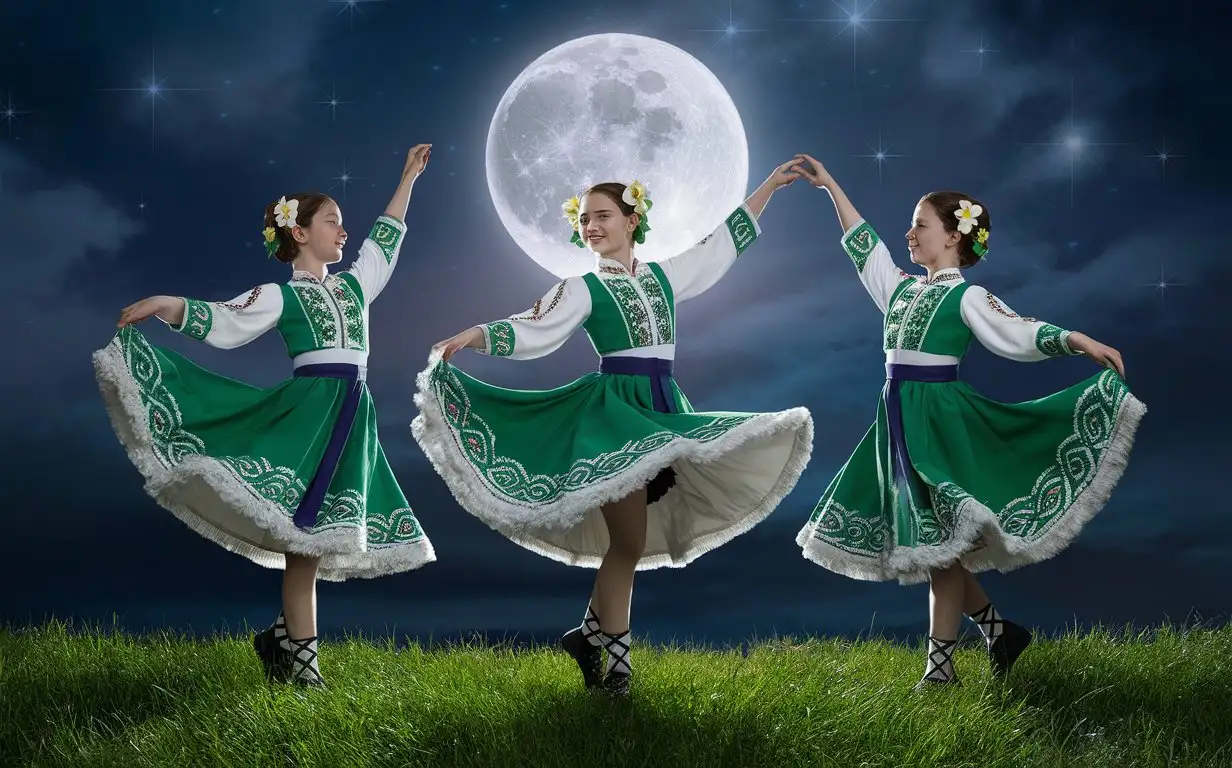 Three Irish girls dance under the full Moon