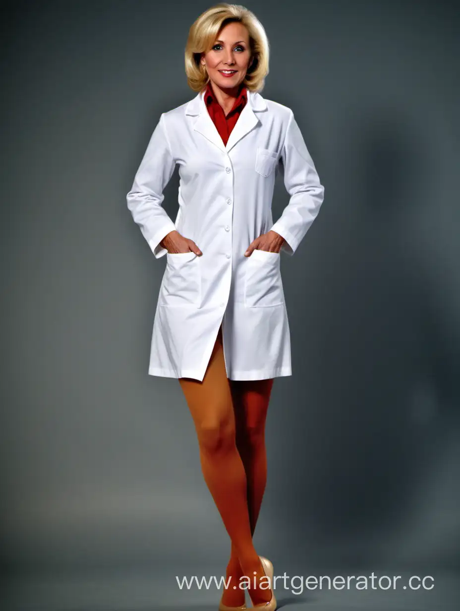 Sensual-Retro-Style-Elegant-40YearOld-Blonde-in-Beige-Nylon-Pantyhose-and-White-Lab-Coat
