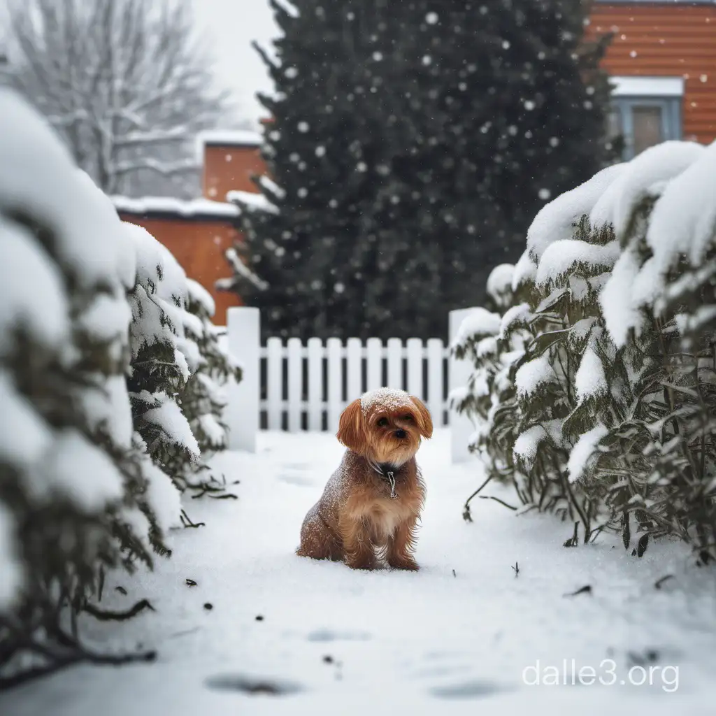 花园里的小狗站在雪中