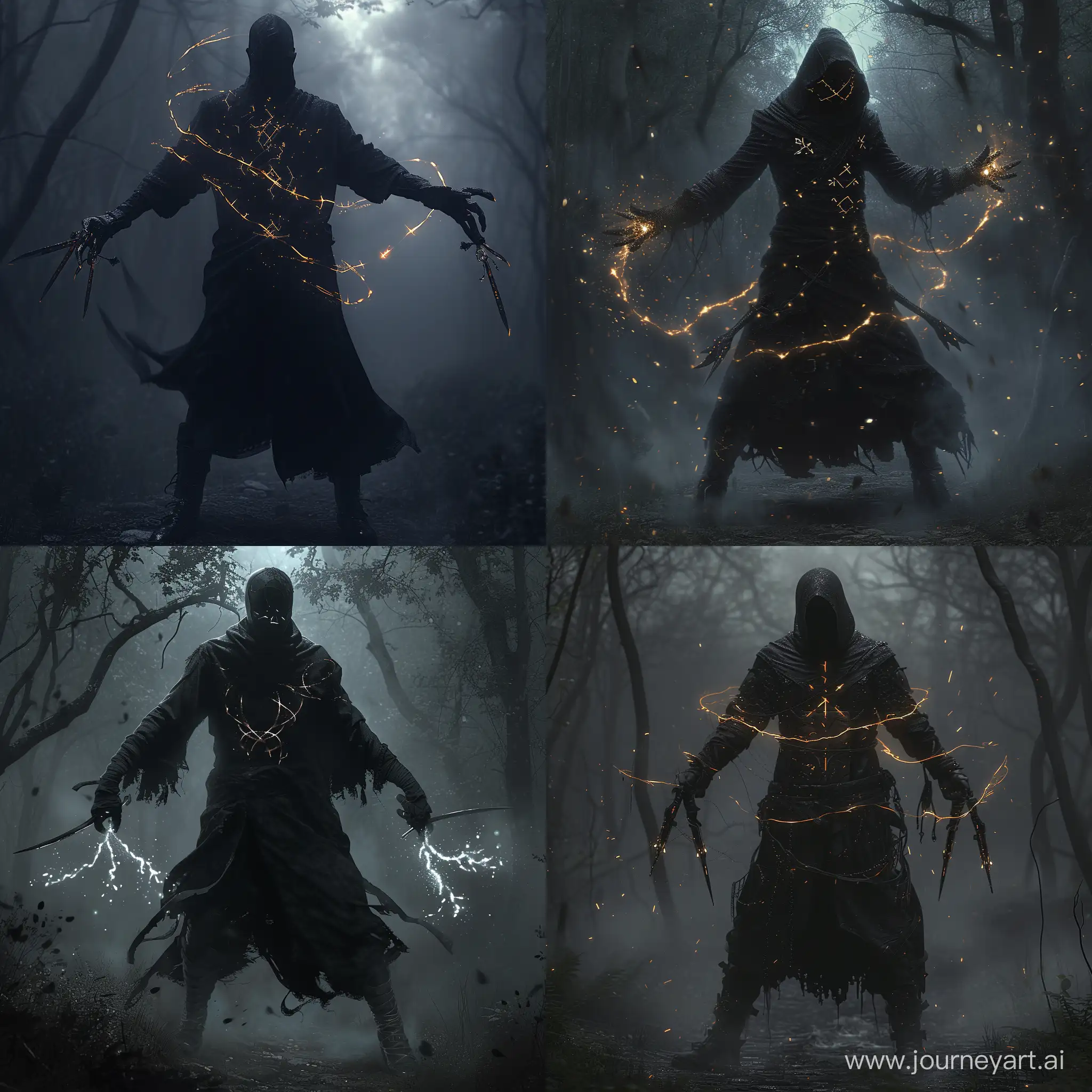 a man wearing, Midnight-black robe with glowing, arcane symbols, Shadowy, fingerless gloves channeling dark energy, Knee-high boots with concealed throwing knives, wielding dual daggers with a shadowy aura, standing in a dark and foggy forest,  bloodborne aesthetic, 1970's dark fantasy, detailed, cosmic horror, gritty, dark lighting, edgy