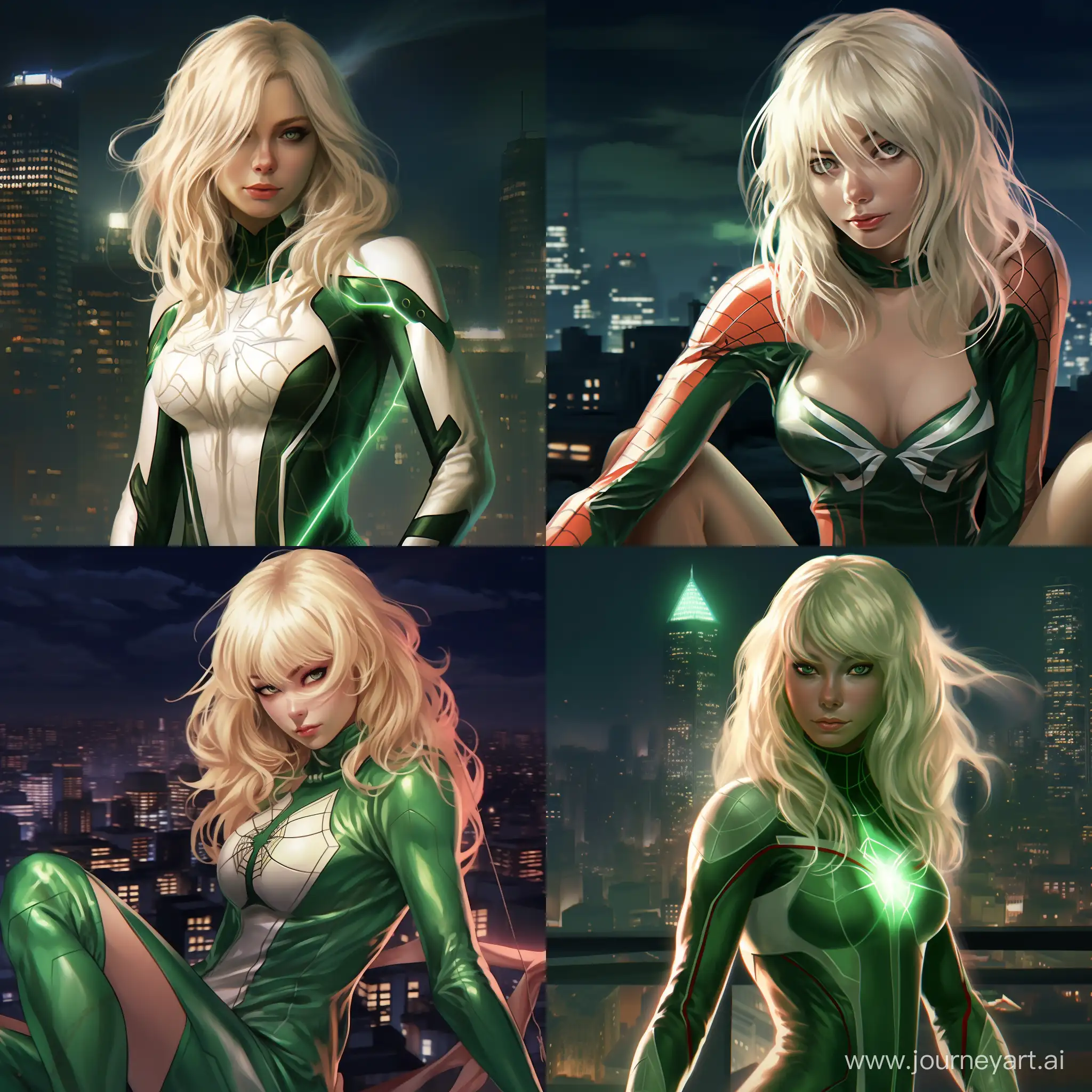 1 girl blonde in a green Spider-Man costume, On the chest is a large outline of a white spider. In the background is the city at night. 