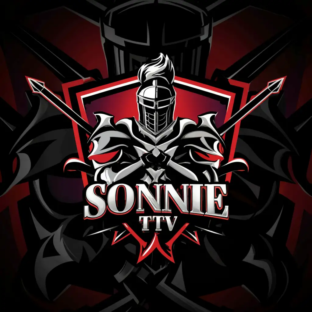 a logo design,with the text 'Sonnie TTV', main symbol:Knight with Two-Swords and a banner Black, Red, Purple Background, Moderate,be used in Entertainment industry,clear background