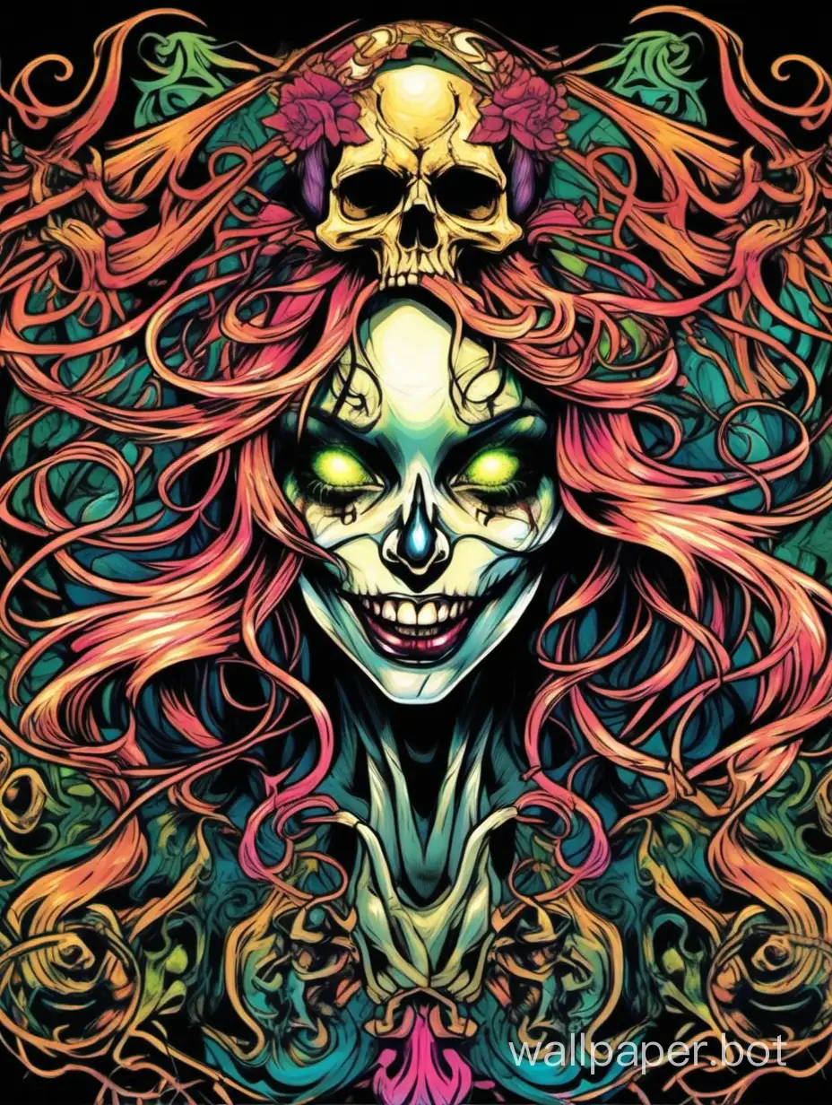 skull young Succubi, skull Beautiful face, evil laugh, open mouth with tongue, chaos ornamental, neon details, darkness, asymmetrical, william morris poster, alphonse mucha hyper-detailed, torn poster edge, high contrast, chaos chromatic dripping colors, explosive colors, sticker art