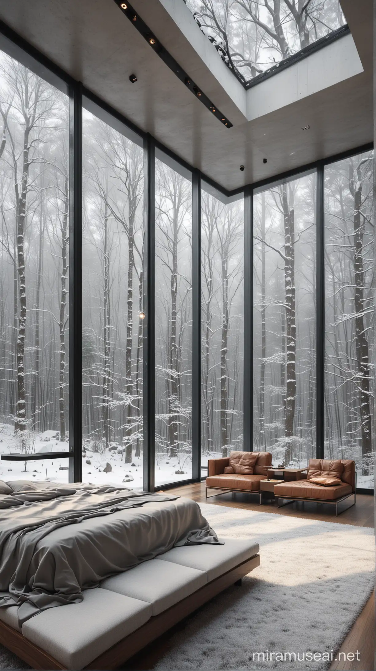 阴天雨后，森林深处，现代风格，大豪宅客厅，大玻璃落地窗能看见外面的森林雪景，中间有舒适的大床，真实拍摄，利用辛烷值渲染风格，呈现出超现实却又惊人真实的建筑插画。