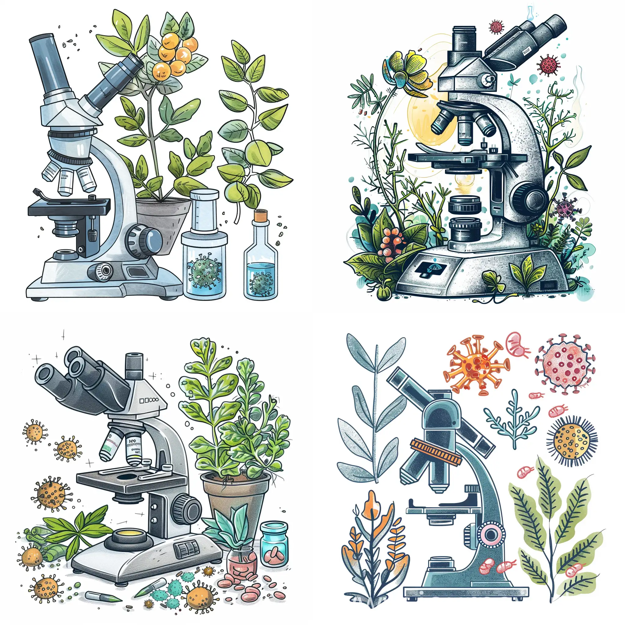 Нарисуй конфокальный микроскоп, растения и вирусы. Используй приятные тона. Не делай картинку страшной 