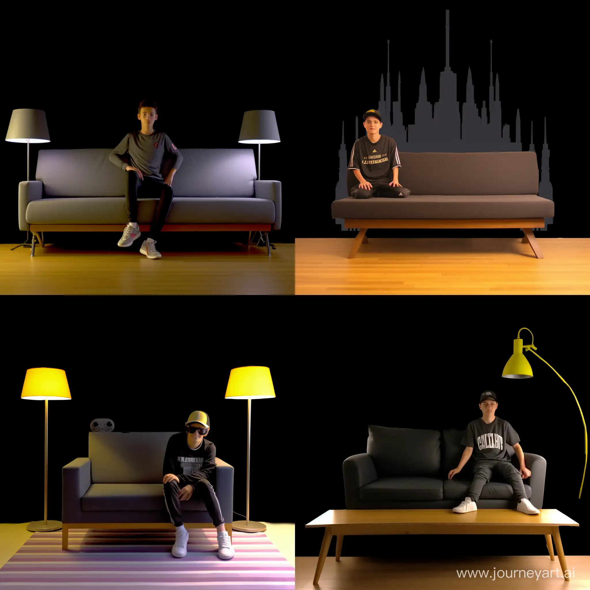 Create a 3D illusion for a profile picture where a "19" Year old cute "boy" in a black hoodie Sitting casually on a Wingback chair. Wearing sneakers, and sunglasses, she looks ahead. The background features "JAVAD" in big and capital Yellow neon light fonts on the dark grey wall. There should not be his shadow, and there are wings to make it appear as if he is an angel