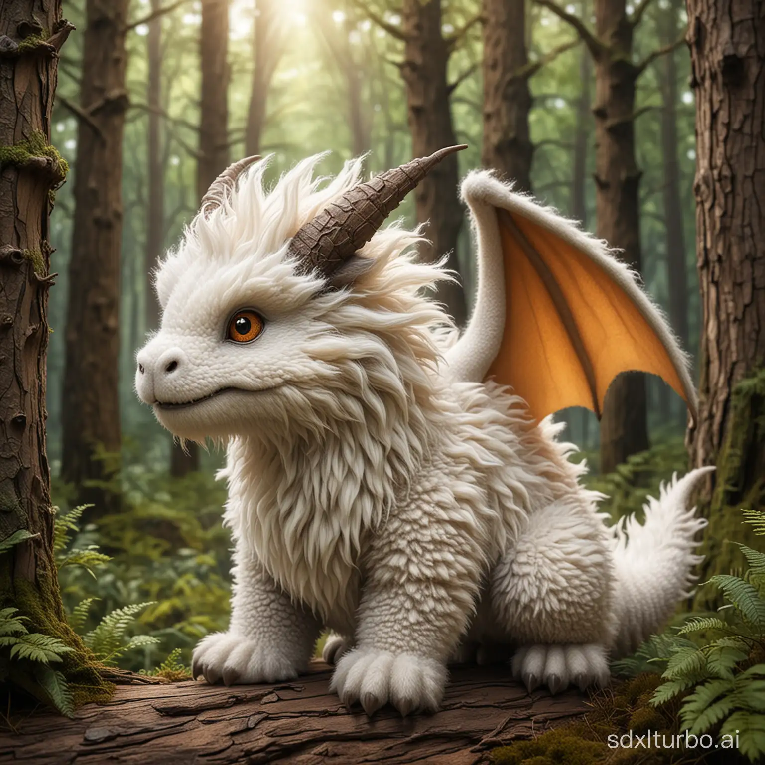 Cute fluffy, woolly dragon in the forest