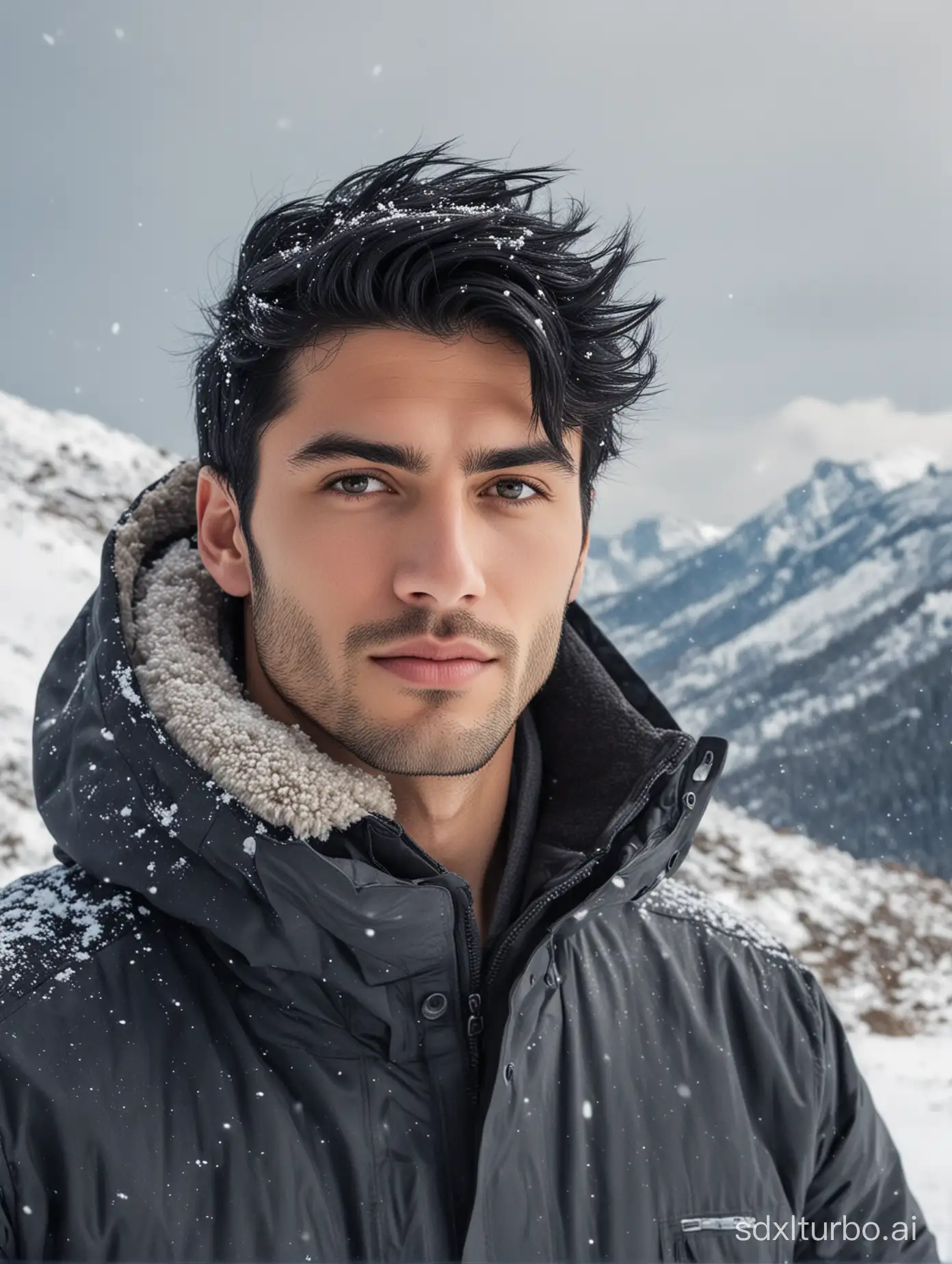 BlackHaired-Man-Fashion-Model-Posing-on-Snowy-Mountain-Peak