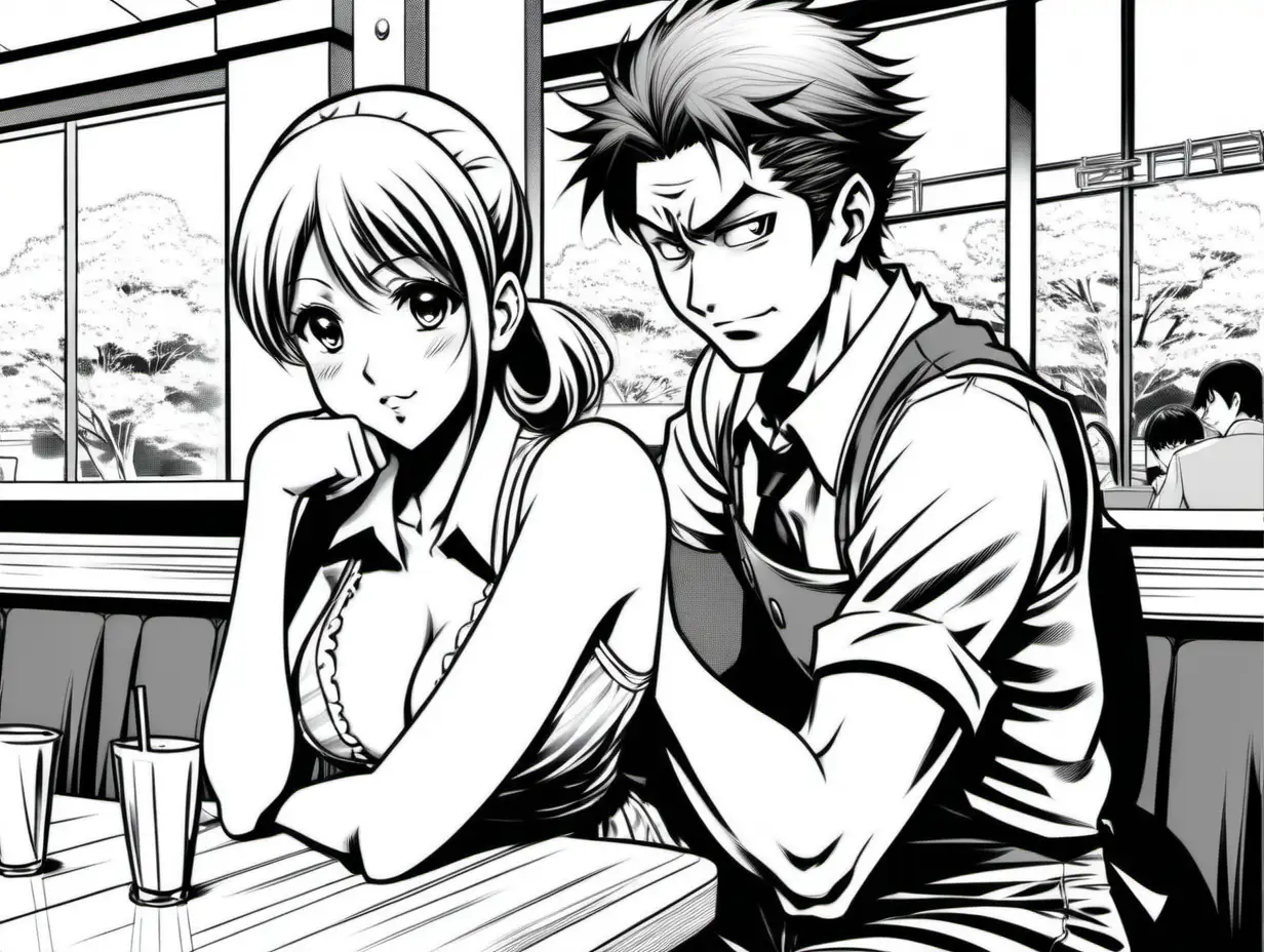 busty waitress leaning over a seated male customer, he is embarrassed, shonen manga style, comic style