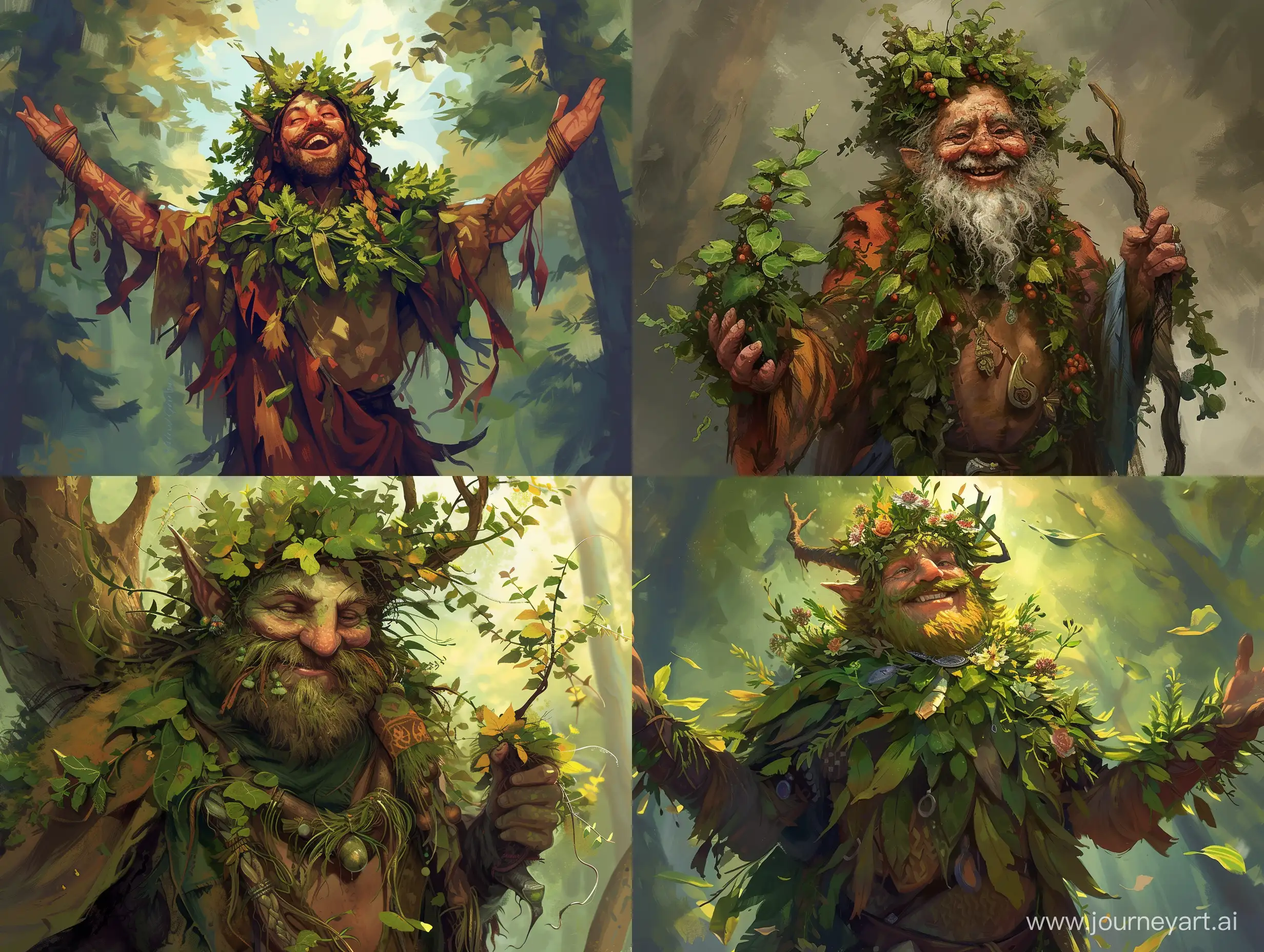 A very happy nature man, illustrative, druid, character concept art, color