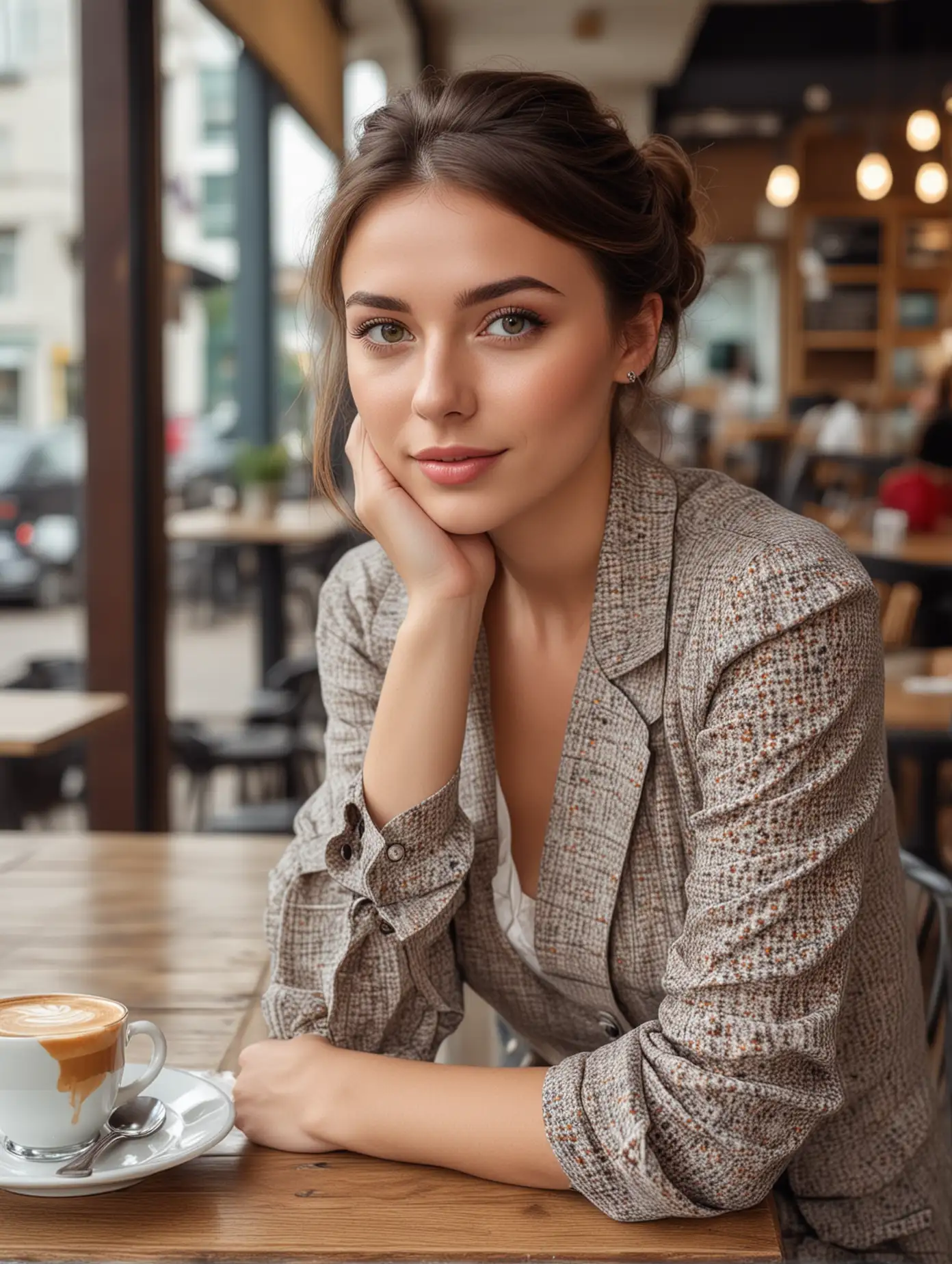 British Girl in Fashionable Attire Poses at Cafe Table