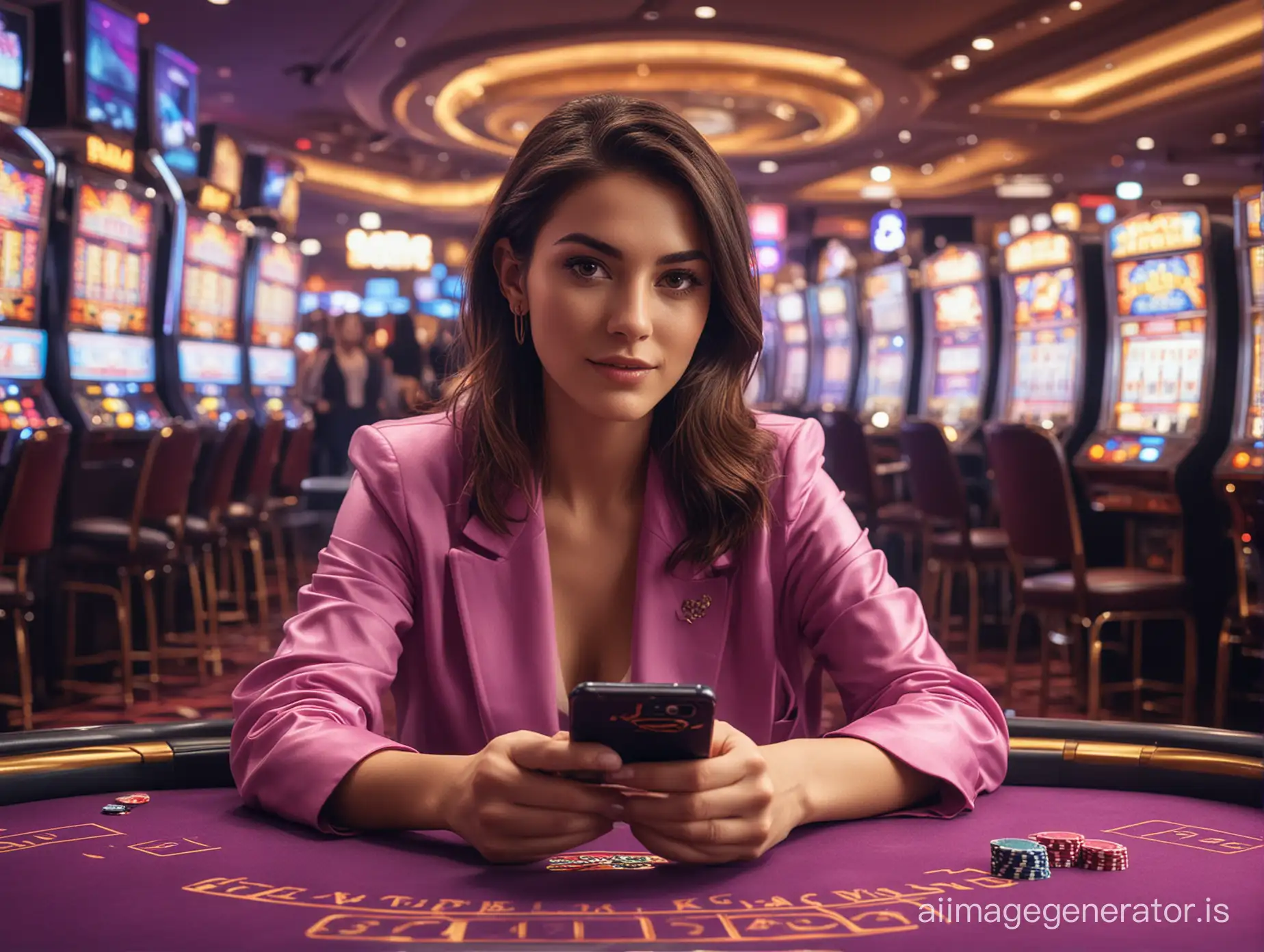 a vibrant and immersive square image capturing the excitement of a person playing a thrilling casino game on their mobile phone. The scene is set against a backdrop of a bustling casino floor, with neon lights, sparkling slot machines, and a lively atmosphere. The image should convey the feeling of being in the midst of a high-stakes game. In the foreground, a mixed woman in their early 30s. she hold the mobile phone in their hands, engrossed in the game. The person's expression should reveal a mix of focus, excitement, and a touch of competitive spirit. The mobile phone itself should be prominently displayed, showcasing a captivating casino game with colorful graphics and captivating animations. The mobile screen should exude an aura of sophistication and allure, drawing the viewer into the world of mobile gambling. Surrounding the main character, there could be other casino-goers, subtly blurred in the background, also engaged in their own mobile casino games. Their presence adds to the lively atmosphere and reinforces the idea that this is a popular and thrilling activity. To enhance the visual appeal, the image should be bathed in vibrant colors. Think of vivid shades of purple, pink, and green, with the glow of neon lights reflecting off the surrounding surfaces. The overall composition should be dynamic and visually captivating, drawing the viewer's attention to the central character and their mobile casino game. Remember, the goal is to create an image that sparks the viewer's imagination, evoking the allure and excitement of playing casino games on a mobile device.