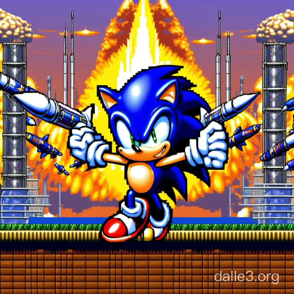 Sonic Evades Missiles on 16Bit Platform Adventure | Dalle3 AI