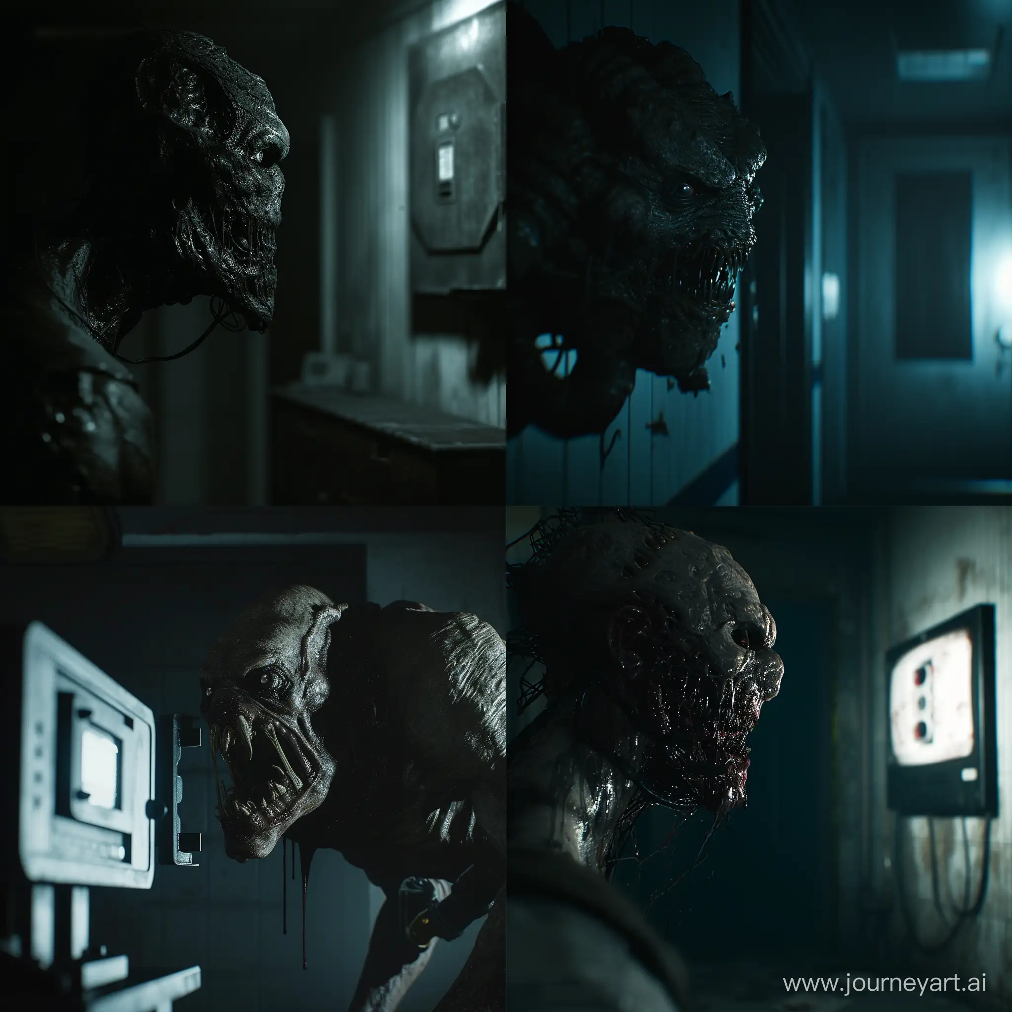 Creepy creature looking at the CCTV footage. Dark room. Doom. Cinematic shot. Realistic. 8K. HD