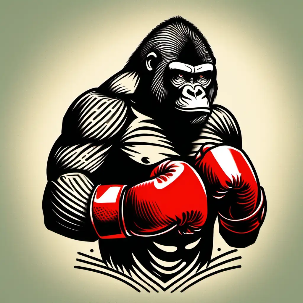 Minimalist tattoo flash gorilla, wearing red boxing gloves, ready to fight
