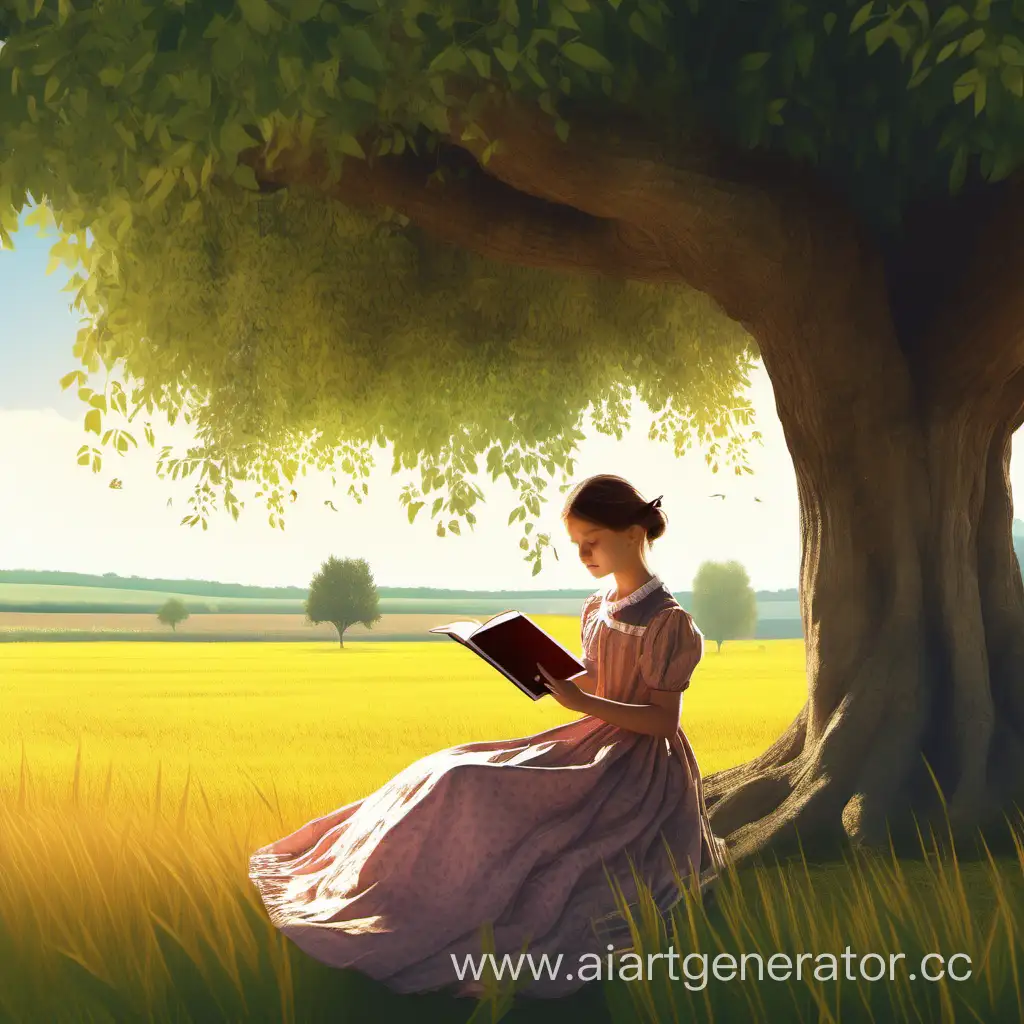 Девушка в старинном платье сидит под большим деревом и читает книгу на фоне полей