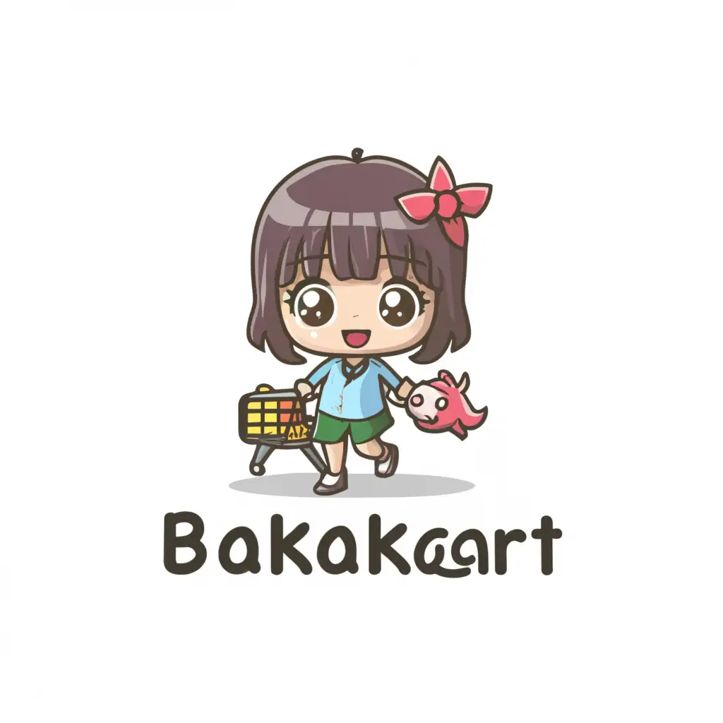 a logo design,with the text "Bakakart", main symbol:A chibi kawai anime girl pushing a shopping cart,Moderate,clear background